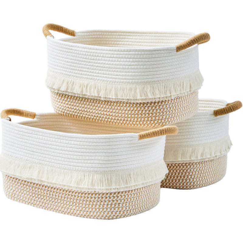 Ensemble de 3 paniers de rangement bohèmes en corde de coton tressée blanche/brun