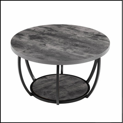 Table basse ronde moderne à deux niveaux en bois avec rangement ouvert, structure métallique minimaliste, montage facile pour salon et bureau