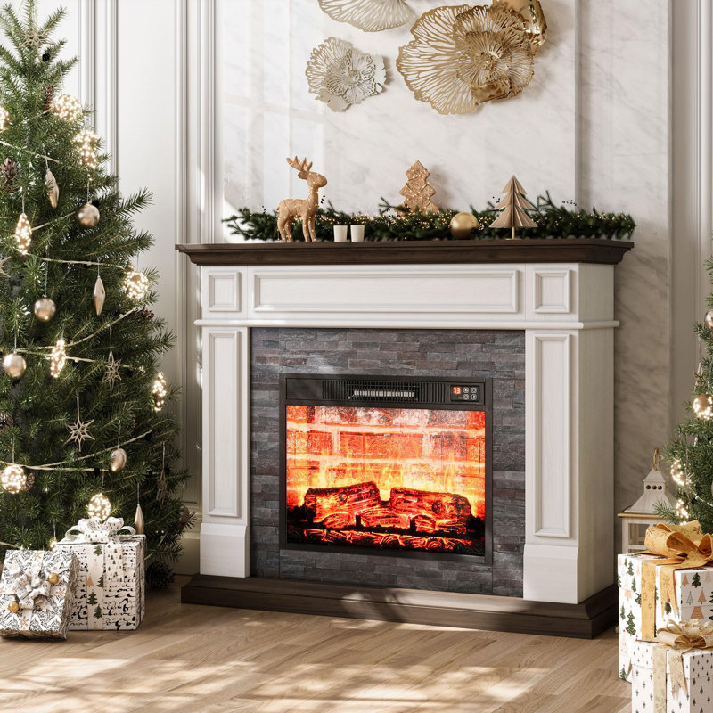 Abiud 44" Electric Fireplace w/ Mantel, Dancing Flame Effect & Stacked Stone Surround，white&brown, White-Coffee