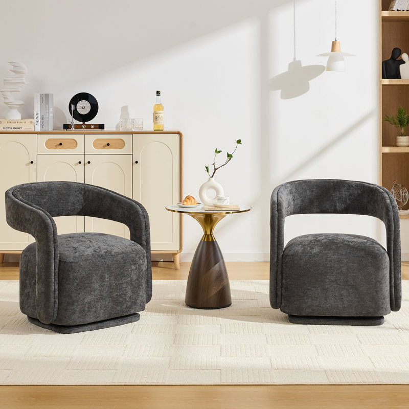 Set Of 2 Chenille Fabric 360° Swivel Accent Armchair, Upholstered Barrel Leisure Chair With Open Curved  Backrest, Dark Gray