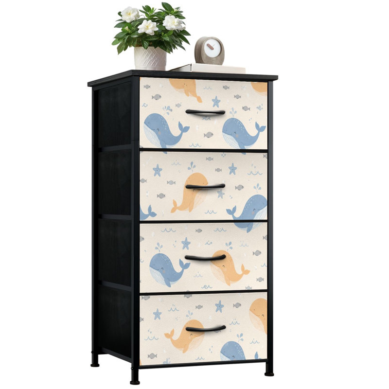 Commode de rangement verticale 4 tiroirs avec baleine bleu orange fantaisiste avec plateau en bois