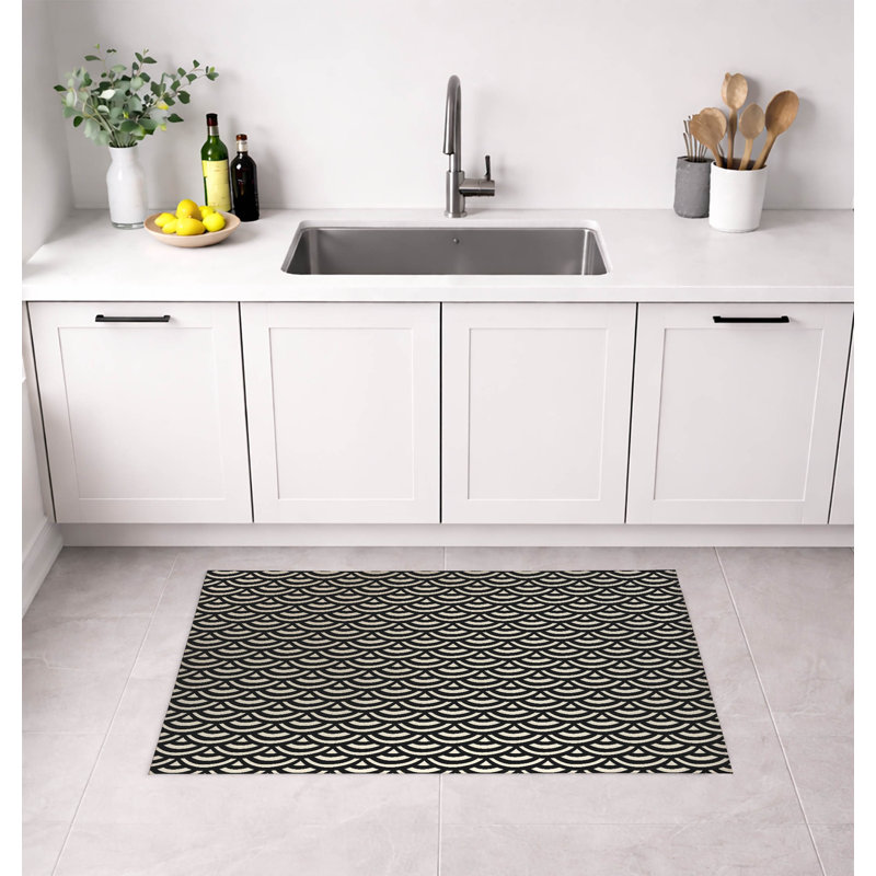 Tapis de cuisine Seigaiha Wave, Rectangle 5' x 7', Minuit gris anthracite géométrique