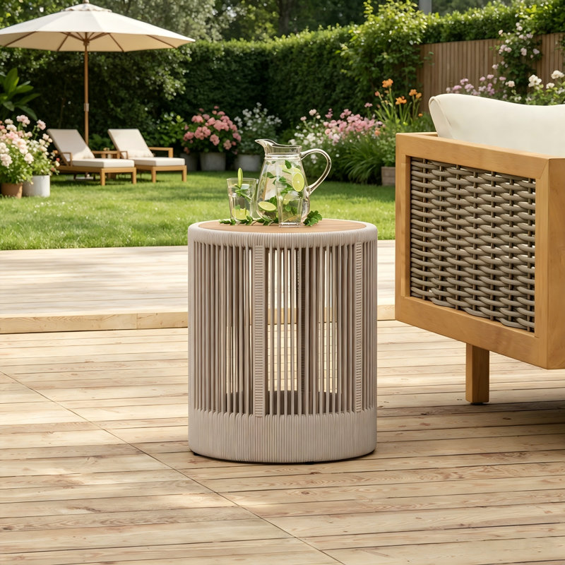 Table d'appoint d'extérieur en corde de rotin et bois d'acacia - Mobilier de balcon de patio pour jardin, cour, balcon, Beige