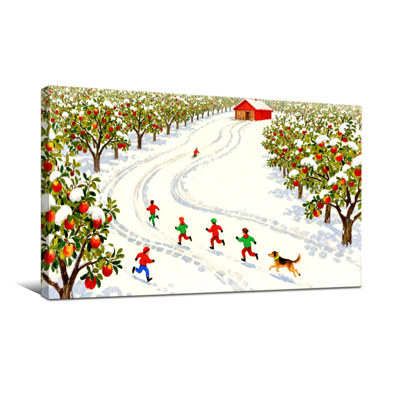Noël, hiver, verger, enfants, course, chien, neige, arbres, fruits, maison rouge, H 16 po x l 32 po