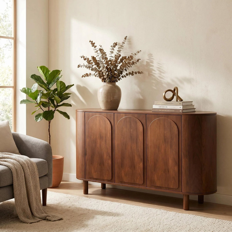 Buffet incurvé moderne avec compartiments de rangement spacieux et pieds en bois massif robustes