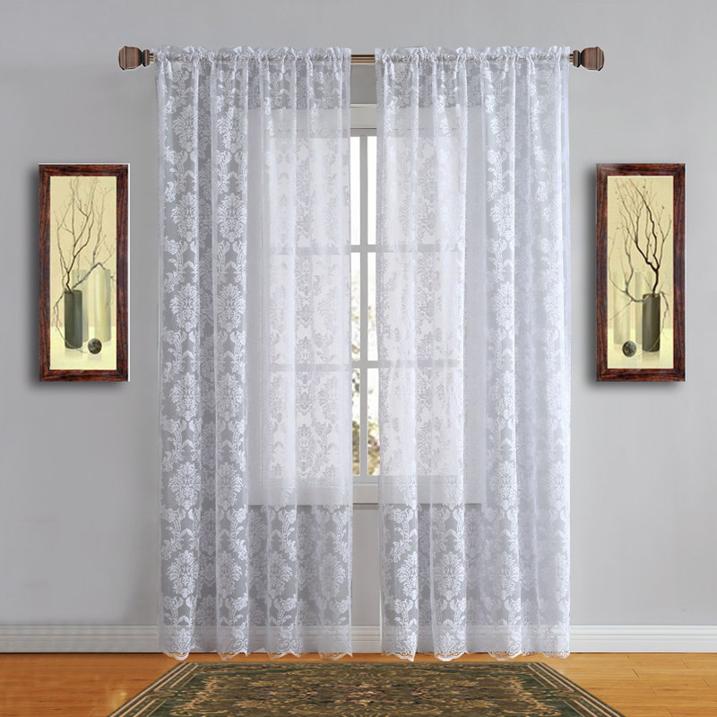 Froehlich Floral Sheer Lace Curtains in Black, Ivory, Linen and White Colors, 54" W x 96" L, White