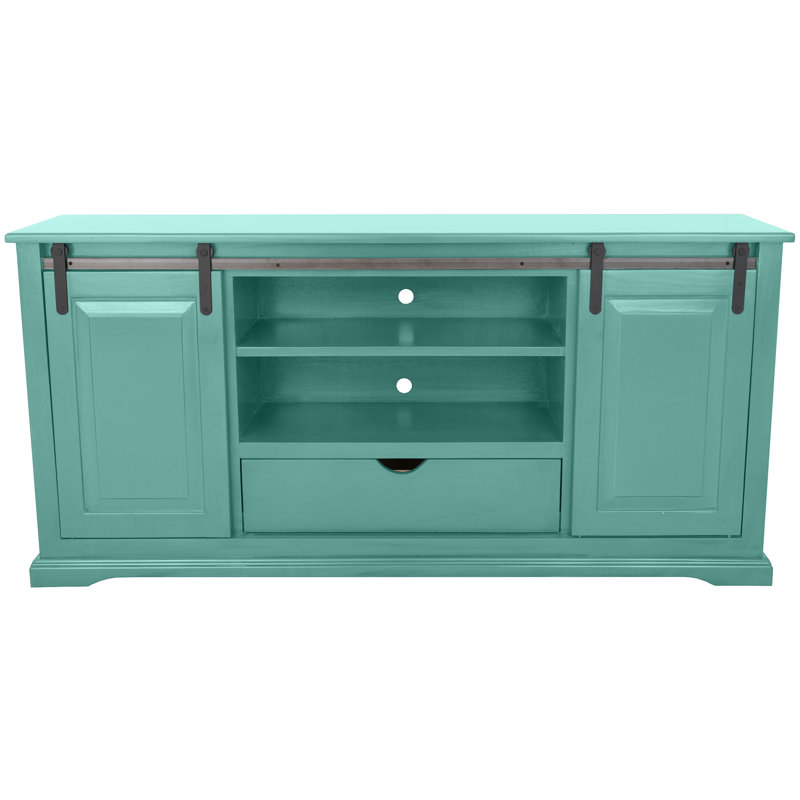 80 inch Traditional Solid Wood Sliding Barn Door TV Stand, Aqua Fiesta, 32"H x 18"L x 70"W