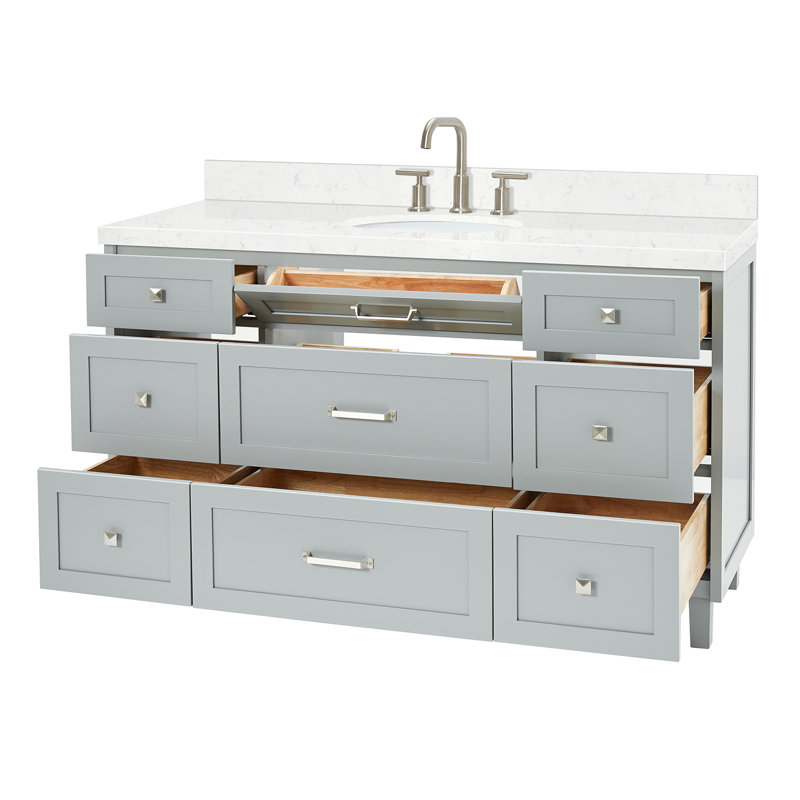 Meuble-lavabo simple 60 po en bois massif ARIEL Monrow, Gris, 60" - 61", Carrara White Quartz
