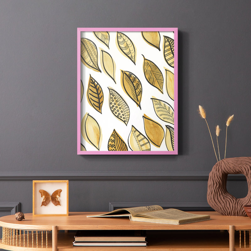 Patterned Leaf Shapes II Framed Print - Solid Wood, Pink, 10" H x 8" W