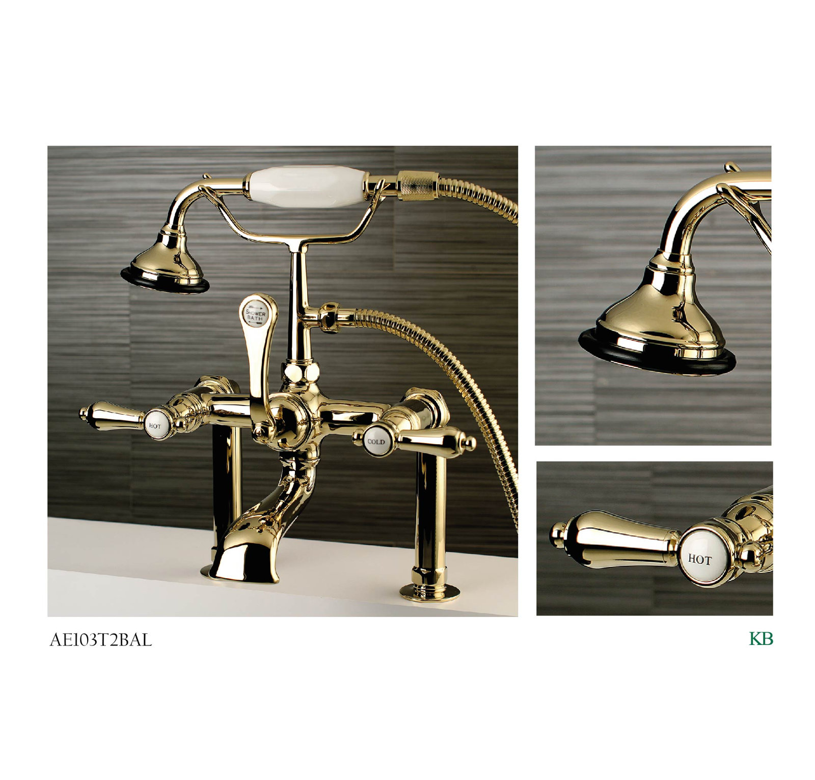 Kingston Brass Heirloom Three-Handle 2-Hole Deck Mount Clawfoot Tub Faucet with Hand Shower, Polished Brass
