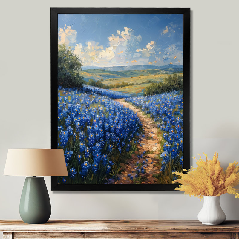 Summer Morning Magic Blue Bonnets Fields I - Blue Bonnets Wall Art Print, 24" H x 32" W x 1" D, Black Single Picture Framed