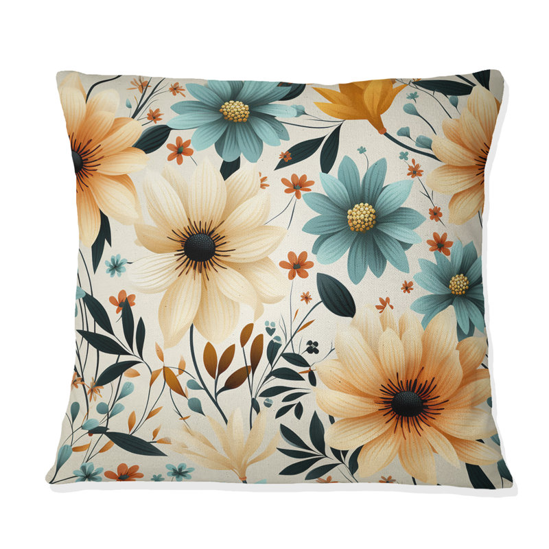 Coussin décoratif rétro avec imprimé floral bleu et beige I, H 16 po x l 16 po