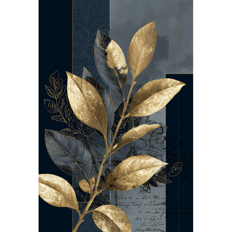 «Gold Botanical Leaves» sur toile tendue bleu foncé, H 16 po x l 12 po x P 1 po