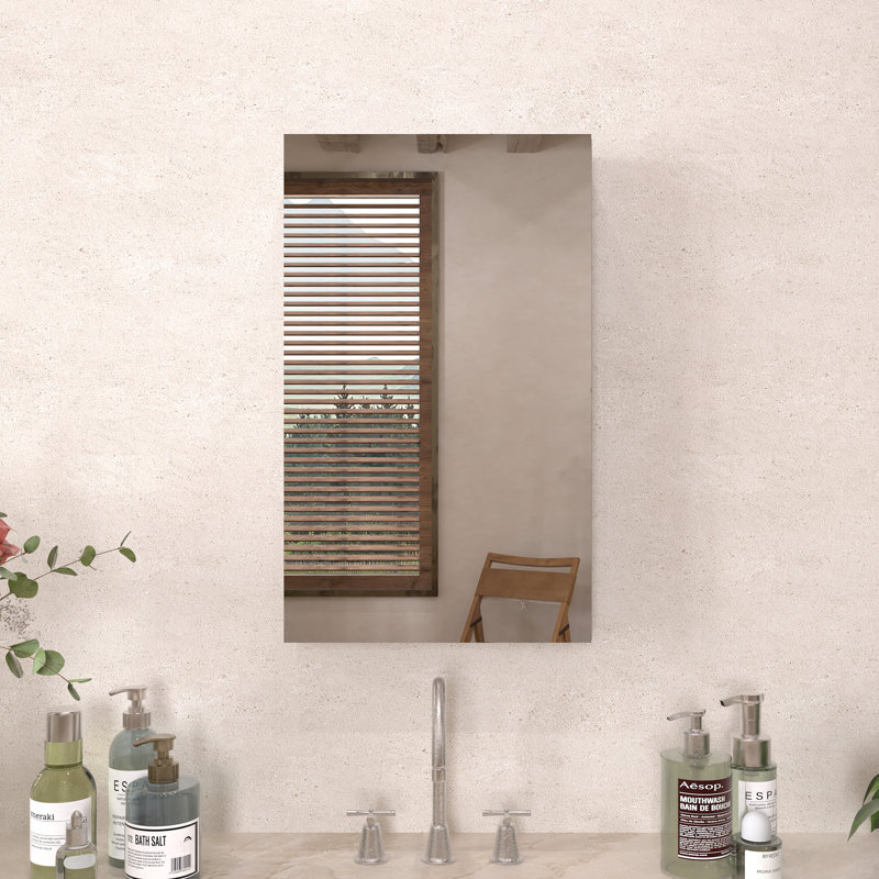 Armoire à pharmacie sans cadre 24 H x 15 avec porte miroir pour rangement mural encastré ou en surface, Argent