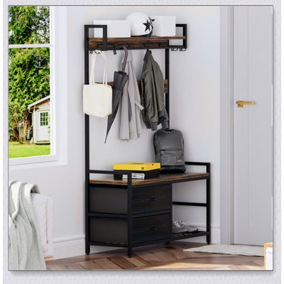 33.1 Inch Wide Multi-Functional Hall Tree with Shoe Storage, Shelves, Garment Racks, and 2 Movable Drawers, Ideal for Organized Entryways
