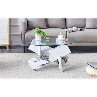 " round glass coffee table: modern design, tempered glass top, white patterned mdf legs, for living & dining rooms (118 characters)