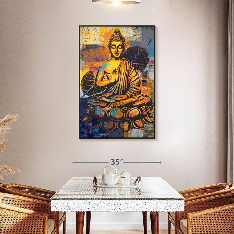 Bouddha assis en forme de lotus, Cadre flottant noir, 27 po x 40 po