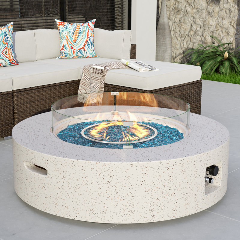 Outdoor Concrete Propane Fire Pit Table, Gray/Blue Fire Glass