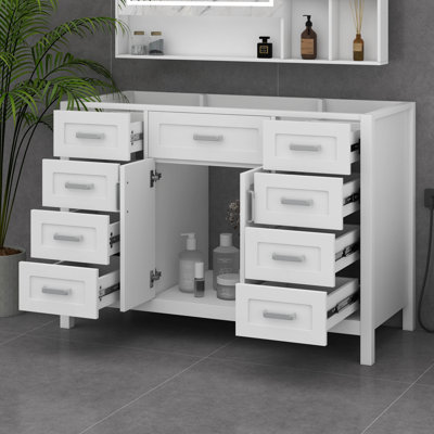 Meuble-lavabo de 47 po sans lavabo, armoire seulement, 2 portes et 8 tiroirs, système de fermeture en douceur, panneau de fibres à densité moyenne robuste et pieds en pin massif, poignées en aluminium