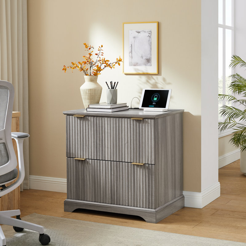 Classeur à tiroirs cannelés de 76,8 cm de large et 2 tiroirs profonds avec station de recharge, en bois, pour bureau à domicile – Format Lettre/A4