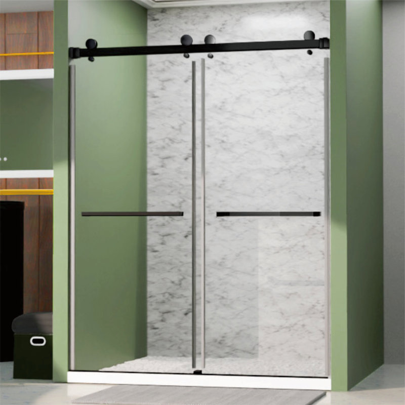 Royal 56 to 60 in. x 76 in. H Frameless  Double Sliding Shower Door with Two Towel Bars in Matte Blackand 3/8 in. (10mm) Clear Glass