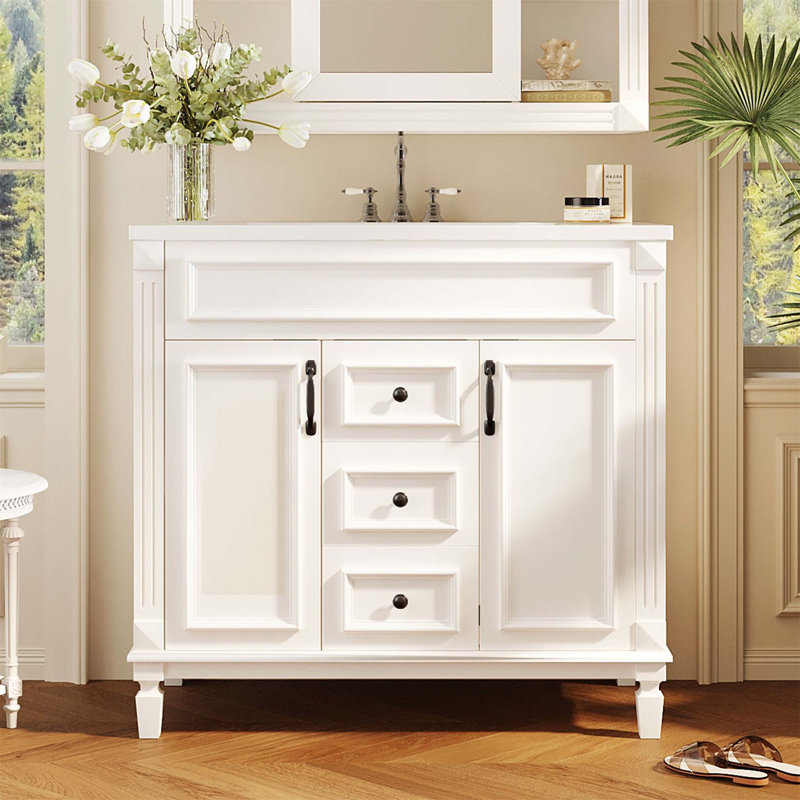 Meuble-lavabo 36 po avec lavabo supérieur, armoire de rangement moderne avec 2 portes à fermeture douce et 2 tiroirs, meuble-lavabo simple