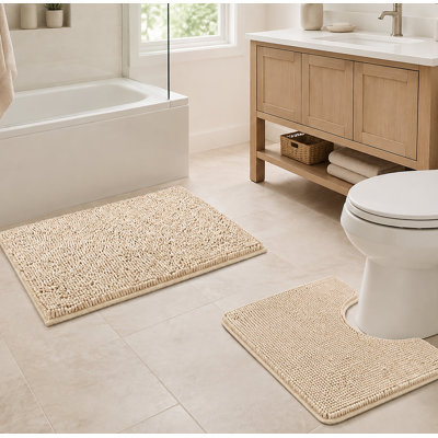 Ensemble de 2 tapis de bain en chenille, tapis rectangulaire 51 x 76 cm et tapis de toilette contour 51 x 51 cm, couleur bouleau