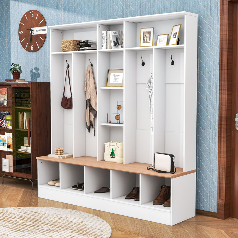 Elegant Hall Tree with Wood-Grain Finish, Shoe Bench, Storage Cubes & Shelves, White