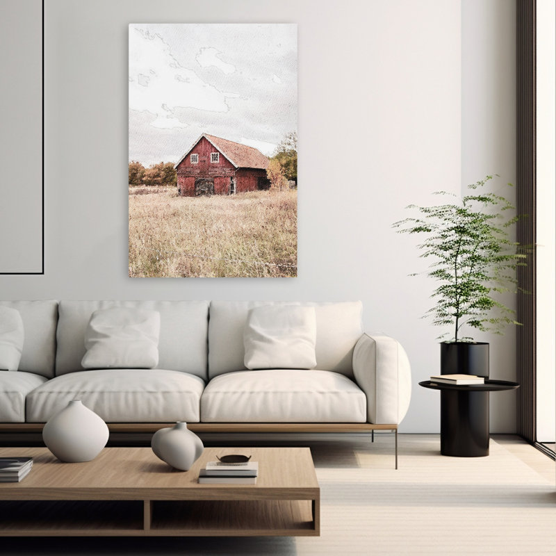 Grange dans un pré - campagne moderne, grange rouge, champ rustique, couleurs d'automne, H 60 po x l 40 po
