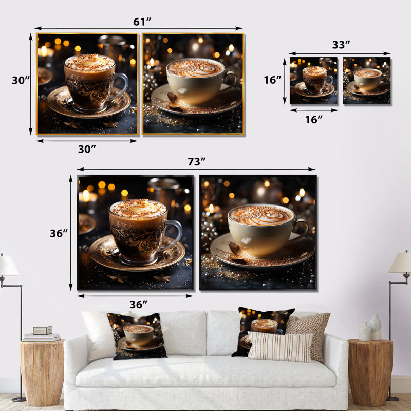Ensemble de salon 2 pièces Brown Golden Brew Brilliance Coffee I - Coffee Wall Art, Cadre flottant noir