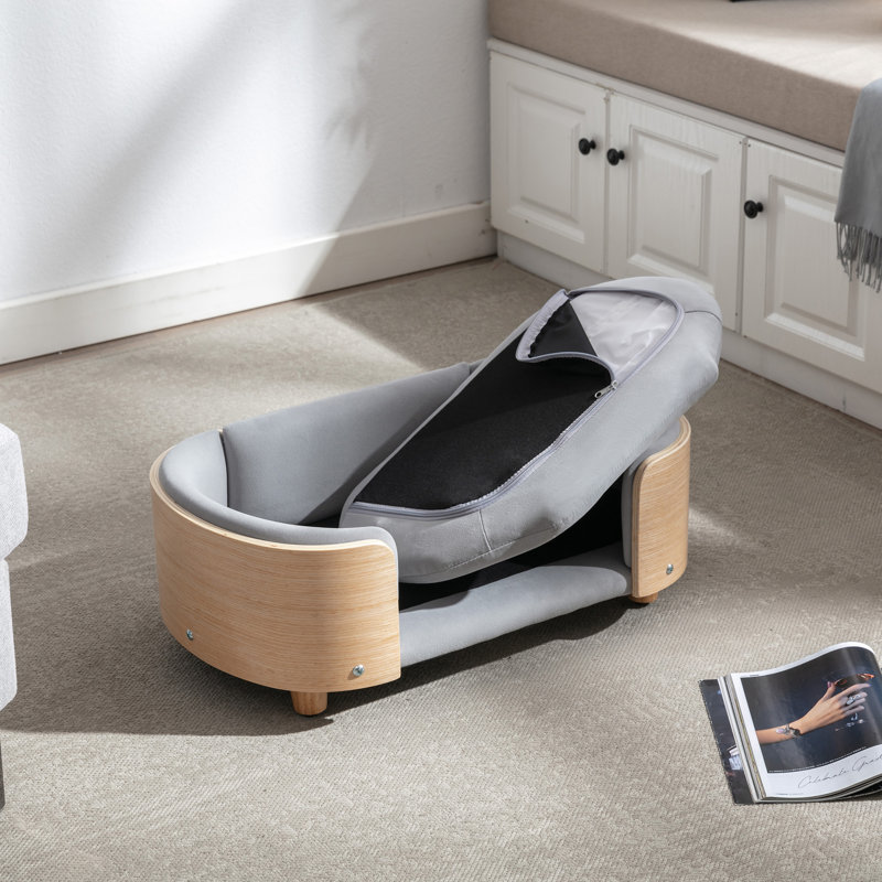 Kace Solid Wood Dog Bed with Bent Back & Cushion, 9.85" H x 30.7" W x 20.08" D, Light Gray/Wood
