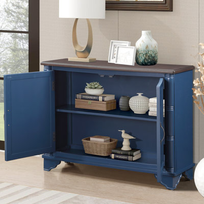 Table de 40 po avec tablette amovible pour le salon - console rétro bleue, espace de rangement réglable, table basse. Plateau bleu marine et brun. Structure en bois de pin massif. Plateau de table spacieux