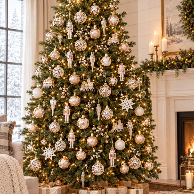 Ensemble de 50 décorations de Noël colorées, Light champagne and White
