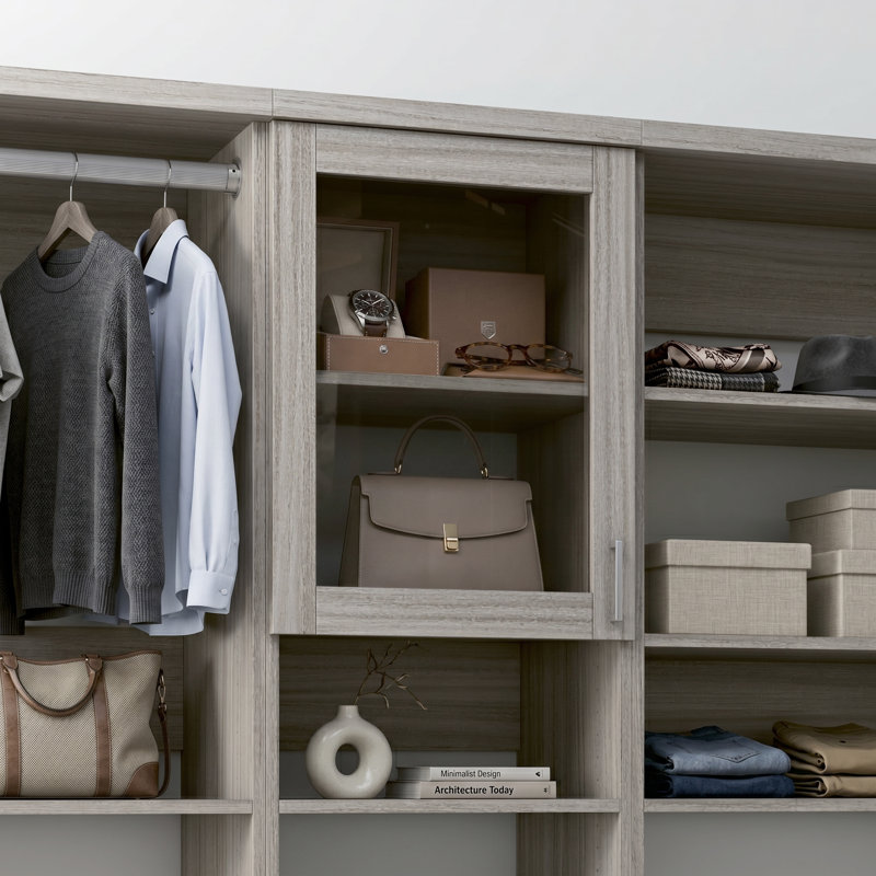 Grey Oak 18" Floor-Mounted Closet Section with Glass Doors, 1 Clothing Rod, 1 Shelf & 1 Shaker Drawer, 18, Grey Oak