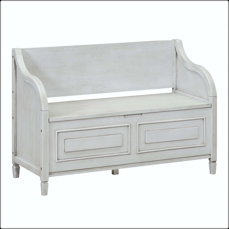 Banc de rangement en bois massif rustique avec charnière de sécurité et coussin amovible, Gris délavé, Gris délavé