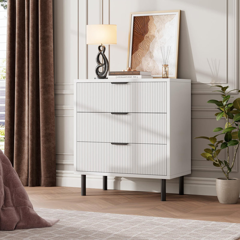 Commode 3 tiroirs Wave, commode moderne avec pieds en métal, Blanc