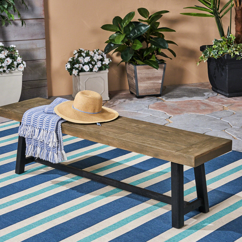 Banc en bois gris et noir Sandblast, de 63 po de largeur, 18 po de hauteur, idéal pour les repas en commun avec finition, pieds, pouces