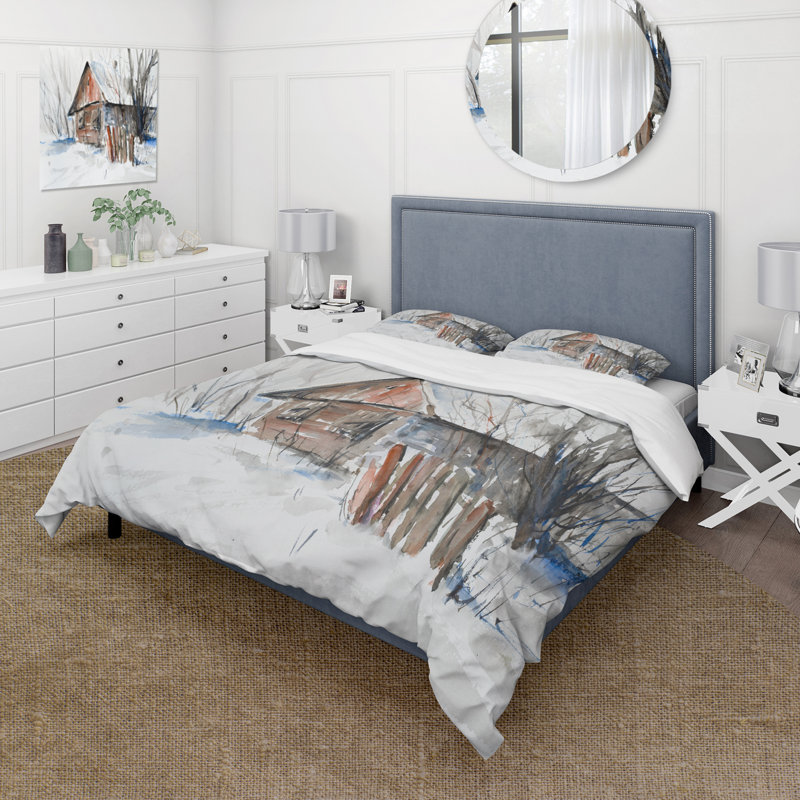 Vieille maison en bois abandonnée en hiver - ensemble de housse de couette traditionnel - microfibre de polyester