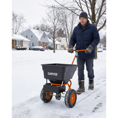 Professional Push Broadcast Spreader for Lawn & Garden – 100lb Capacity, 12ft Coverage, Adjustable Drop Rate, 10" Pneumatic Tires, Rain Cover & Gloves , Orange-Red Frame, Push-Type Baffle 100L
