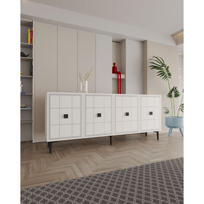 Console moderne blanche de 59,1 po x 29,5 po x 12,6 po | 100% panneau de particules enduit de mélamine, épaisseur: 0,7 pouce | Plusieurs tablettes, fixation murale, conception géométrique | Parfait pour le salon ou le vestibule