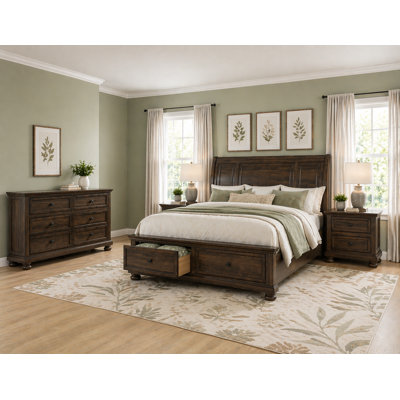 Ensemble de chambre à coucher moderne avec lit plateforme et rangement brun