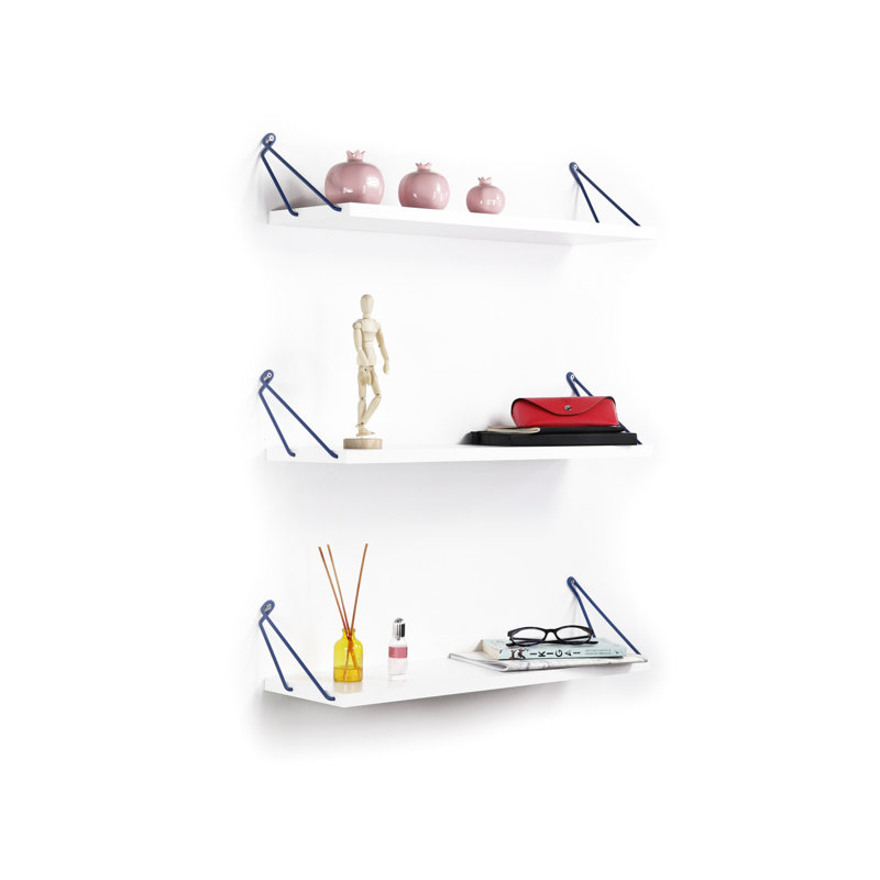 Wall Mounted Rustic Bookshelf - White Blue Triple Shelf With Metal Bracket Display Storage Cabinet For Books, White