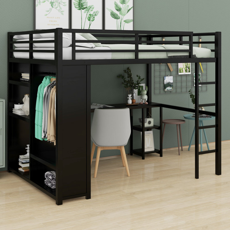 Structure de lit mezzanine avec garde-robe, bureau et tablettes de rangement