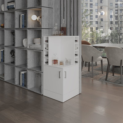42" Tall White Corner Bar Cabinet - Modern With 8 Bottle And Double Door & Storage For Living