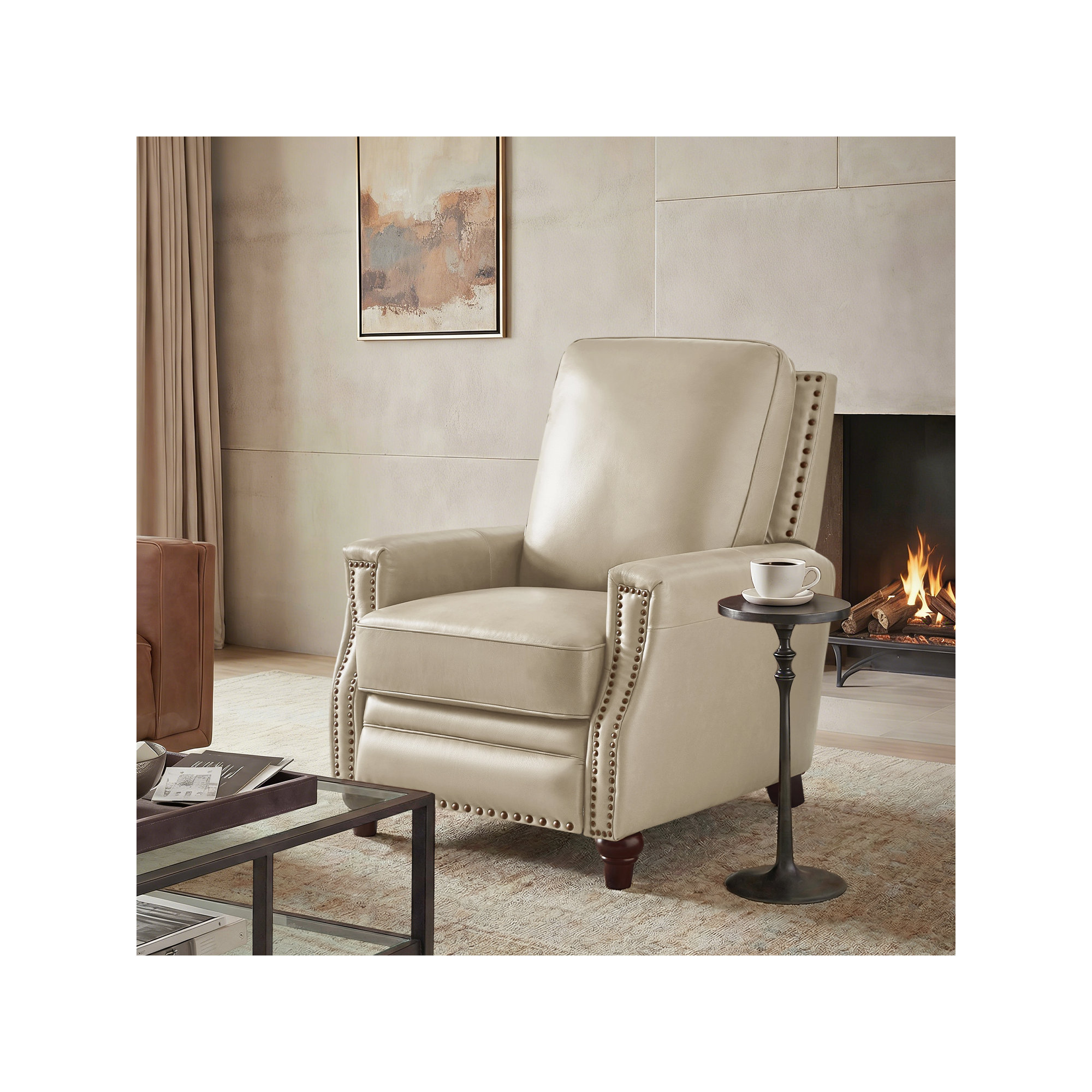 Andrena Genuine Leather Recliner with Nailhead Trim, Beige Genuine Leather
