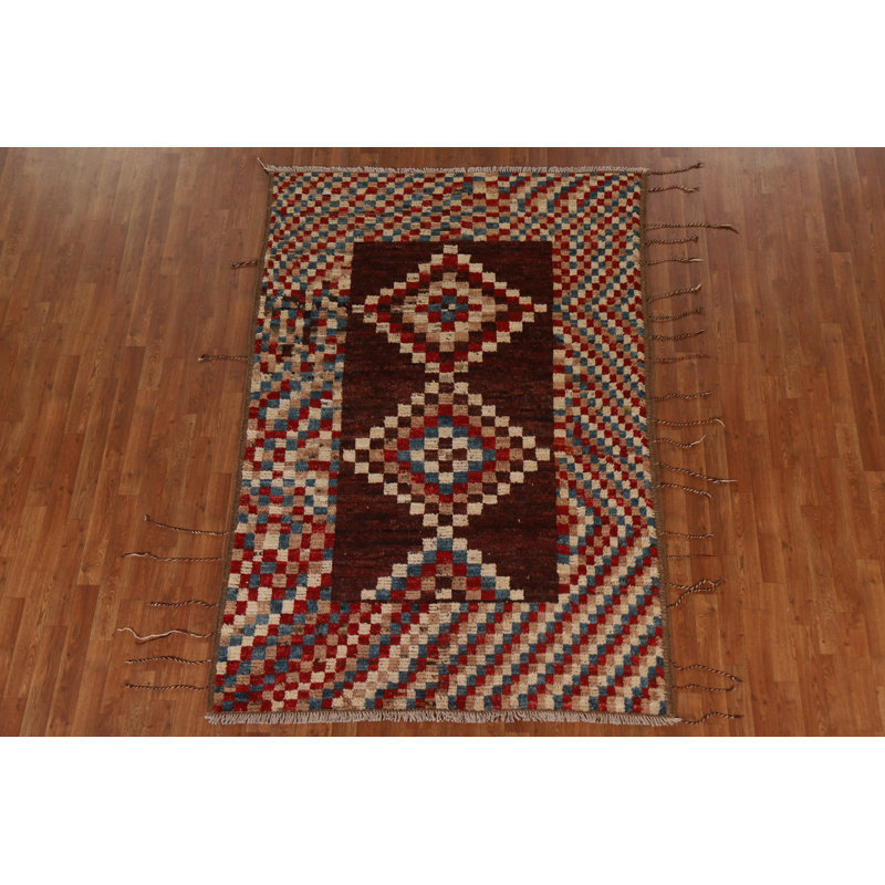 Tapis unique en laine noué à la main 5 pi 4 po x 7 pi 8 po nouvel âge en rouge / beige / bleu