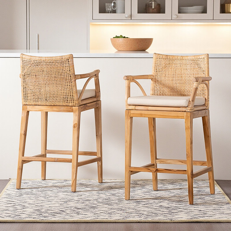 Tobias Rattan and Teak Wood Counter Stool Set, White/Natural Rattan 38.73'' H X 21.85'' W X 19.48'' D