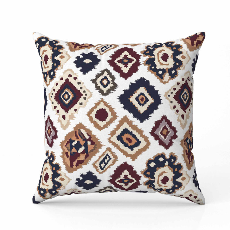 Oreiller imitation daim Ikat Diamond, Blanc / rouge / jaune, Carré 16 po