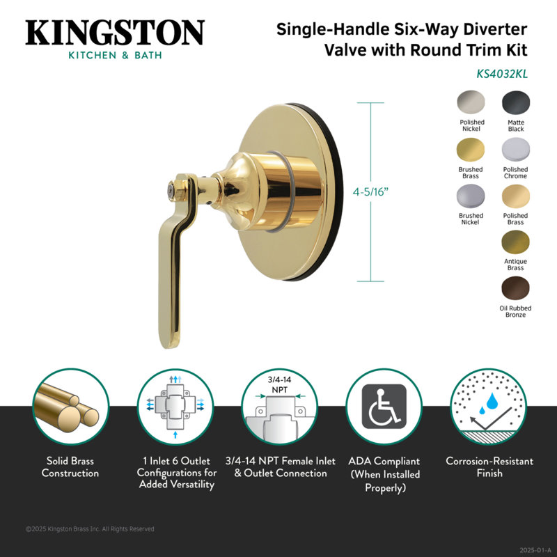 Kingston Brass Whitaker Single-Handle Wall Mount Six-Way Diverter Valve with Trim Kit, Polished Brass