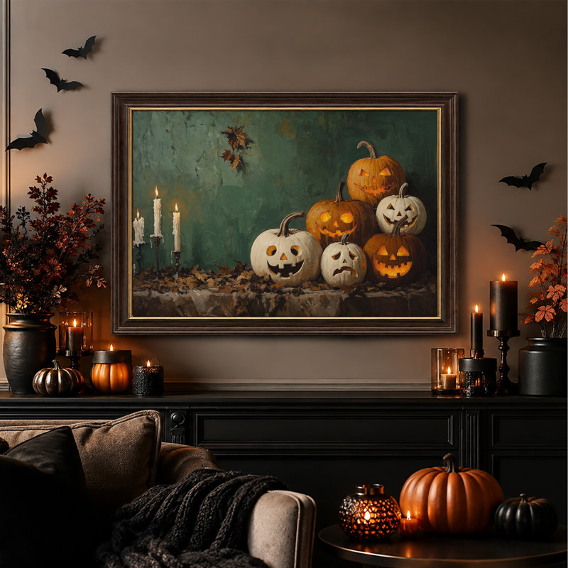 «Lit Jack O Lanterns and Candles on Green», art texturé sur toile d'Halloween, H 12 po x l 18 po